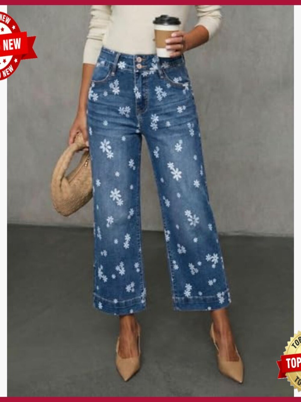 High Waisted Wide Leg Stretch Denim Jeans for Women, Baggy Fit - Picture 3 of 6